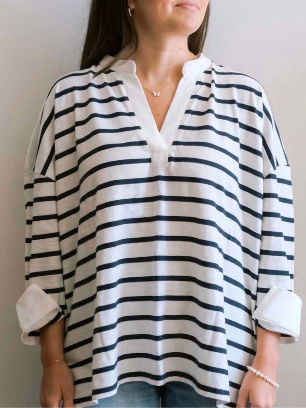 MERSEA Amelia Cuff Tee Cotton Pullover Top Blue & White Stripe OS (One Size)